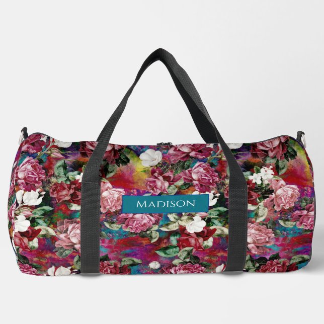 Elegant pink flowers red pattern monogram printed duffle bag (Front)