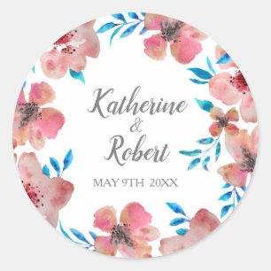Elegant Pink Flowers Watercolor Classic Round Sticker