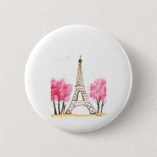 Elegant pink flowers watercolor Eiffel tower Paris 2 Inch Round Button