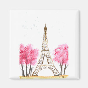 Elegant pink flowers watercolor Eiffel tower Paris Magnet