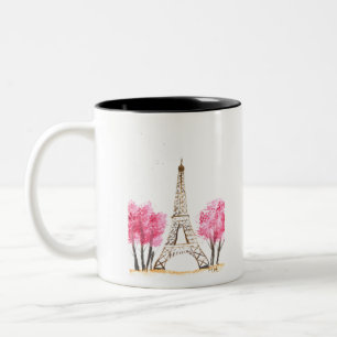 Elegant pink flowers watercolor Eiffel tower Paris Two-Tone Coffee Mug
