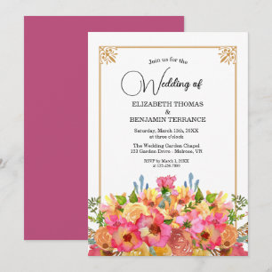 Elegant Pink Flowers Watercolor Gold Wedding Invitation