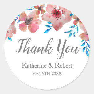 Elegant Pink Flowers Watercolor Thank You Classic Round Sticker