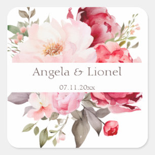 Elegant Pink flowers Watercolor Wedding Square Sticker