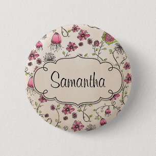 Elegant Pink flowers with frame for name 2 Inch Round Button