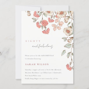 Elegant Pink Flowers Wreath 80th Birthday Invite
