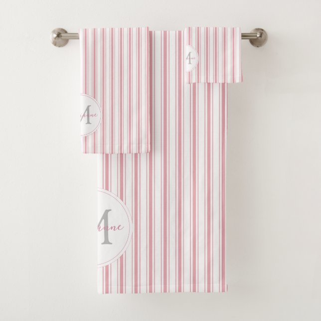 Élégant Pink French Ticking Stripes Nom Monogramme (En situation)