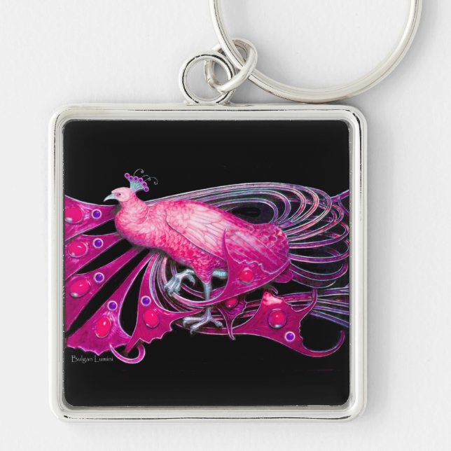 ELEGANT PINK FUCHSIA PEACOCK IN BLACK KEYCHAIN (Front)