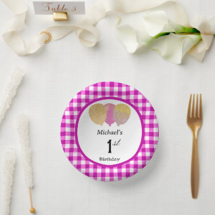 Elegant Pink Gingham & Balloons 1st Birthday Paper Plate