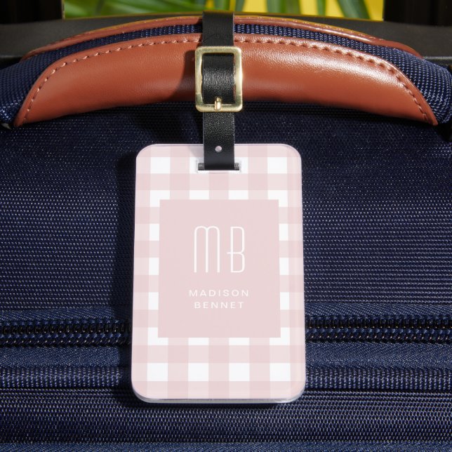 Elegant Pink Gingham Monogram Luggage Tag (Front Insitu 2)