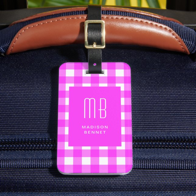 Elegant Pink Gingham Monogram Luggage Tag (Front Insitu 2)