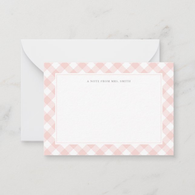 Elegant Pink Gingham Plaid Teacher Note Card (Front)