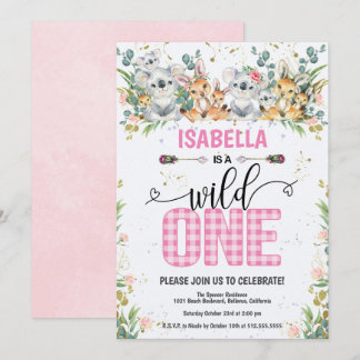 Elegant Pink Gingham Safari Wild One 1st Birthday Invitation