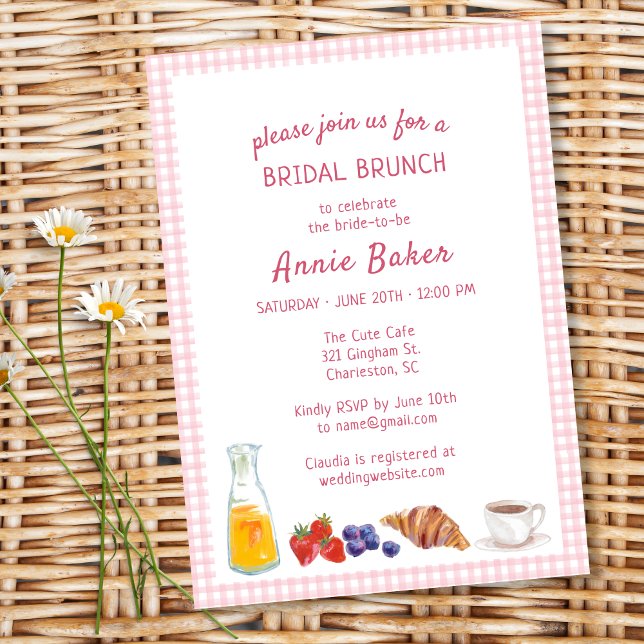 Elegant Pink Gingham Summer Brunch Bridal Shower  Invitation (Creator Uploaded)