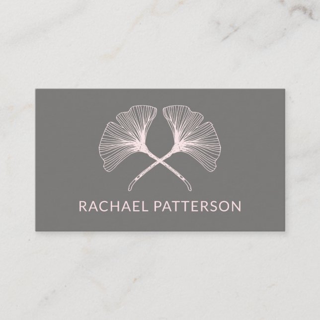 Elegant Pink Ginkgo Leaves on Grey Business Card (Front)