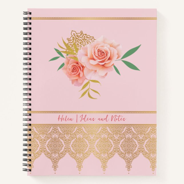 Elegant Pink Girly Floral Rose and Gold Bouquet Notebook (Front)