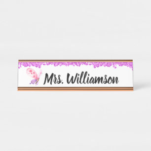 Elegant Pink Girly Sparkle Butterfly Teacher Desk Name Plate