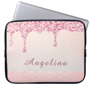Elegant Pink Glam Glitter Drip Lace Bridal Shower Laptop Sleeve