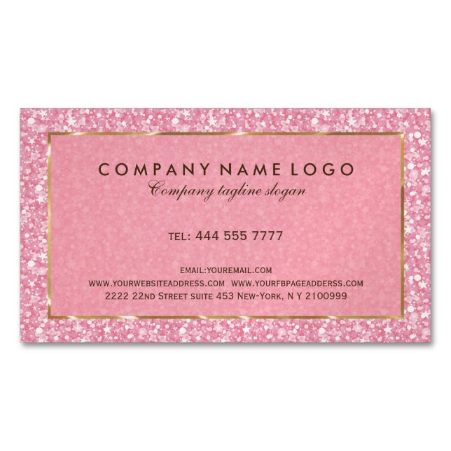 Elegant Pink Glitter And Sparkles Gold Accents Magnetic Business Card (Front)