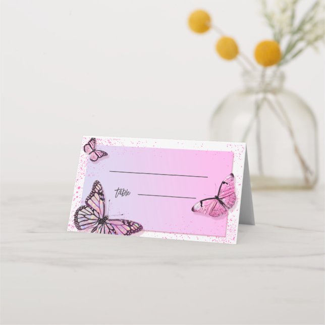 Elegant Pink Glitter Butterfly Wedding Place Card (Front)