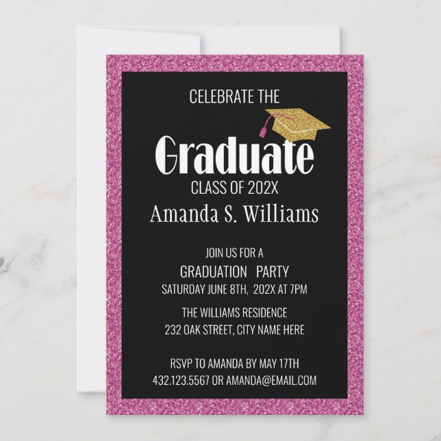 Elegant Pink Glitter Cap Graduation   Invitation (Front)
