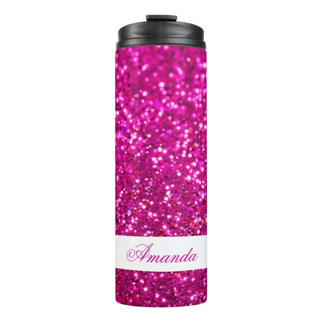 Elegant Pink Glitter Custom Name Thermal Tumbler (Front)