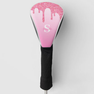 Elegant Pink Glitter Drips Monogram Name  Golf Head Cover