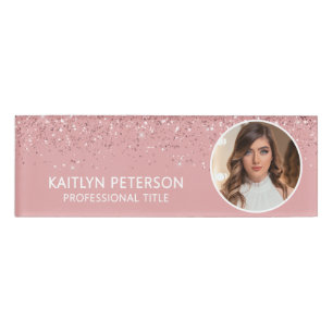 Elegant Pink Glitter Employee Photo ID Name Tag