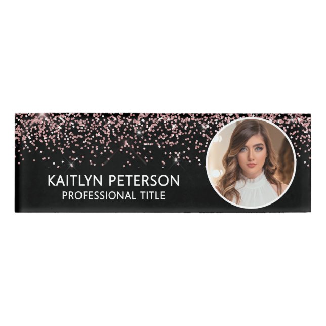 Elegant Pink Glitter Employee Photo ID Name Tag (Front)