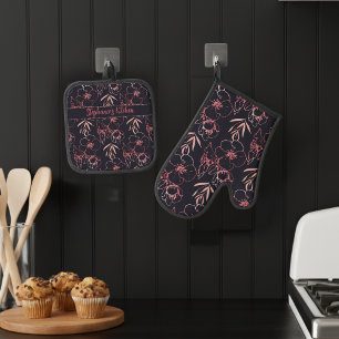 Elegant Pink Glitter Flowers And Leaves Monogram  Oven Mitt & Pot Holder Set