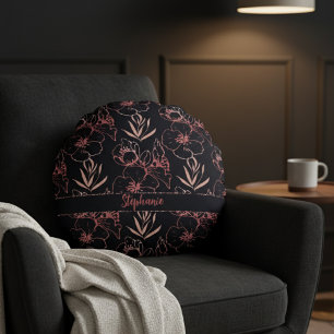 Elegant Pink Glitter Flowers And Leaves Monogram Round Pillow