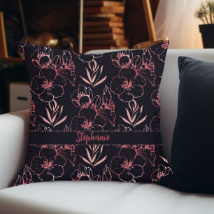 Elegant Pink Glitter Flowers And Leaves Monogram Throw Pillow