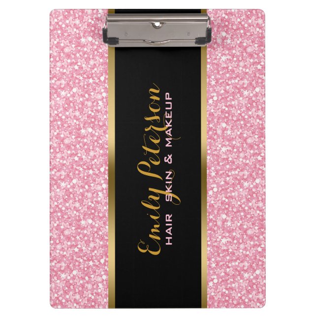 Elegant Pink Glitter Gold & Black Accents Clipboard (Front)