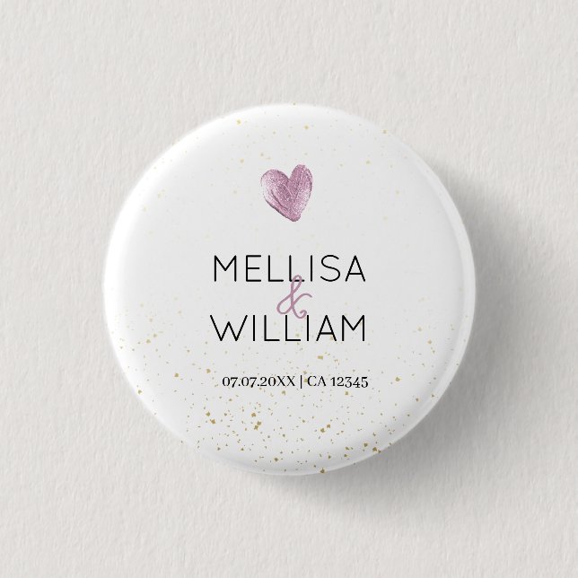 Elegant Pink Glitter Heart Custom Couple Name Date 1 Inch Round Button (Front)