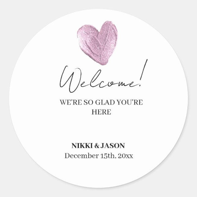 Elegant Pink Glitter Heart Minimal Wedding Welcome Classic Round Sticker (Front)