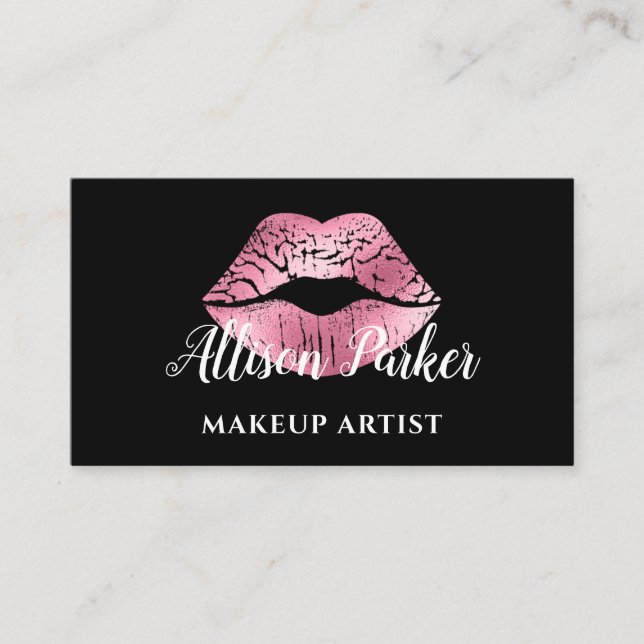 Elegant Pink Glitter Kiss Makeup Artist  Business Card (Front)