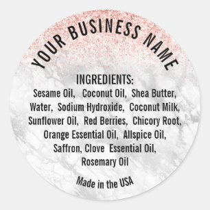 Elegant Pink Glitter Marble Ingredient List Classic Round Sticker