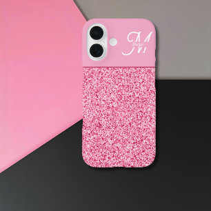 Elegant Pink Glitter Monogram with Name Script iPhone 16 Case