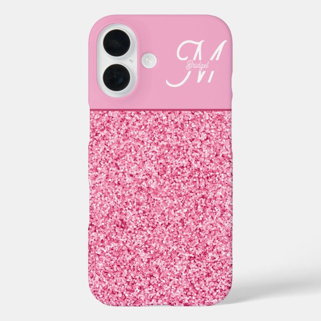 Elegant Pink Glitter Monogram with Name Script Case-Mate iPhone Case (Back)