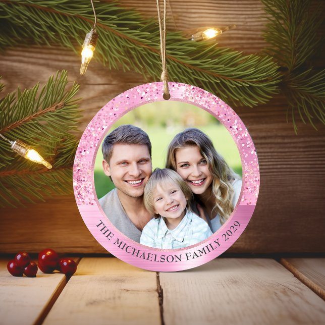 Elegant Pink Glitter Photo Metallic Christmas Ceramic Ornament (Elegant Pink Glitter Photo Metallic Christmas Ceramic Ornament)