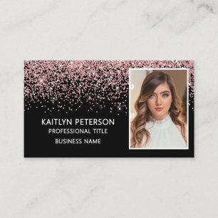 Elegant Pink Glitter Photo QR Code Black Business Card