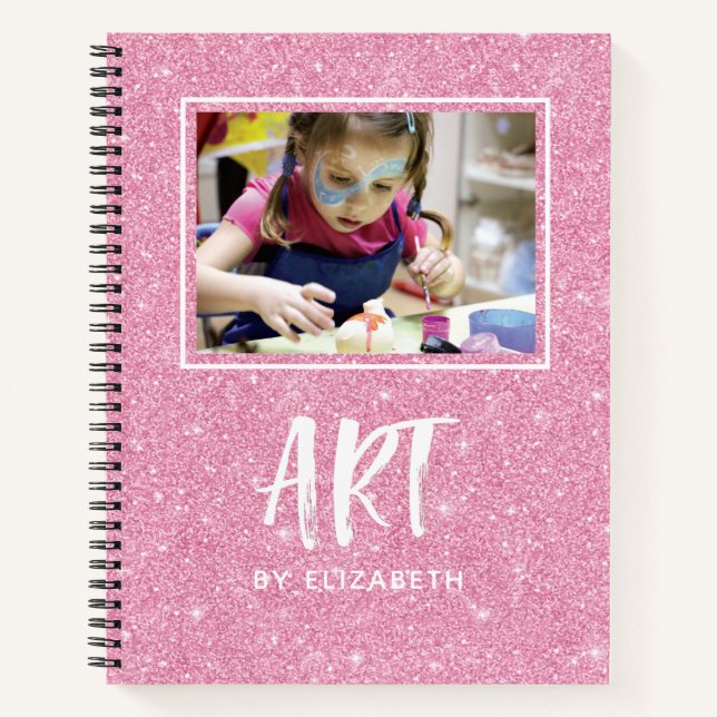 Elegant Pink Glitter Photo Sketchbook With Name Notebook (Front)