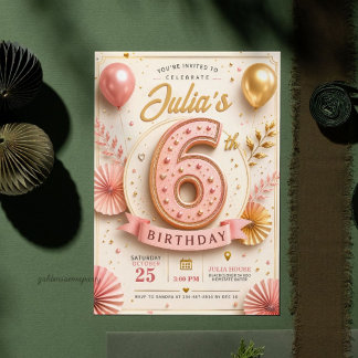 Elegant Pink Gold 6Th Birthday Party Invitation