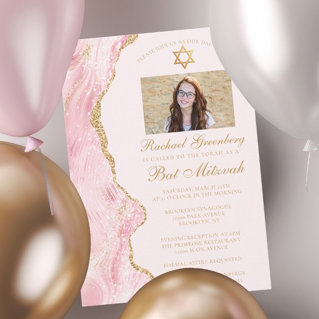Elegant Pink Gold Agate Bat Mitzvah Photo Party Invitation (Creator Uploaded)