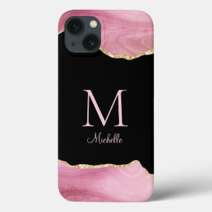 Elegant Pink Gold Agate Monogram iPhone 13 Case