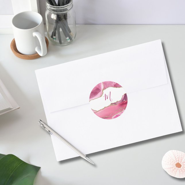 Elegant Pink & Gold Agate Stone Wedding Classic Classic Round Sticker (Creator Uploaded)