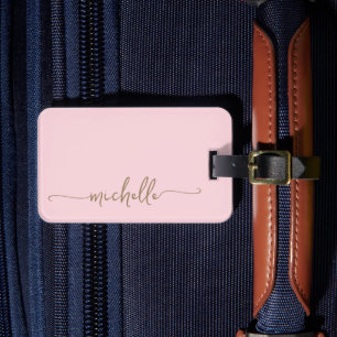 Elegant Pink Gold Calligraphy Script Monogram Name Luggage Tag