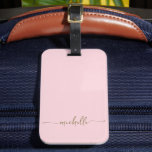 Elegant Pink Gold Calligraphy Script Monogram Name Luggage Tag<br><div class="desc">Modern Chic Elegant Gold Monogram Name Signature Script Custom Personalized Blush Pink Luggage Bag Tag. This delicate design featuring custom name in a cursive hand lettered swash tail font calligraphy (or typography) in gold on blush pink or baby pink colour background. These are easy to customize it. Stylish feminine gift...</div>