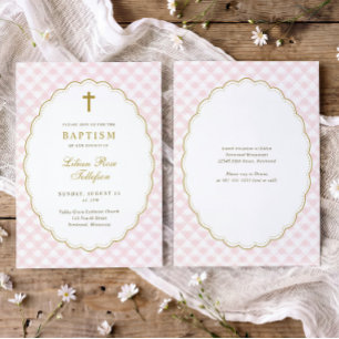 Elegant Pink Gold Cross Gingham Plaid Baptism Invitation