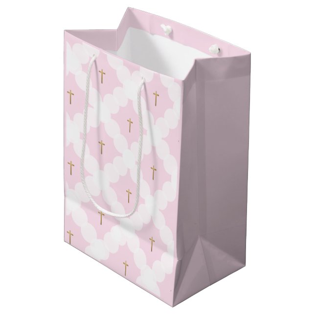 Elegant pink gold cross white pattern baptism medium gift bag (Front Angled)